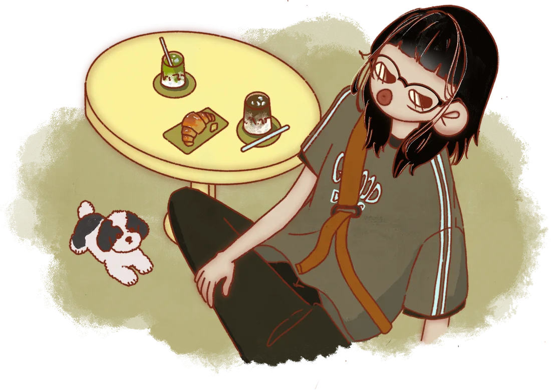 Illustration: a girl at a café table with iced matcha drinks and a croissant, her small dog nearby